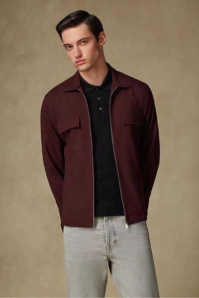Abbate Verso Twill Overshirt Polyviscose Blended Oversize Fit Claret Red Classic Collar Men's Striped Shirt