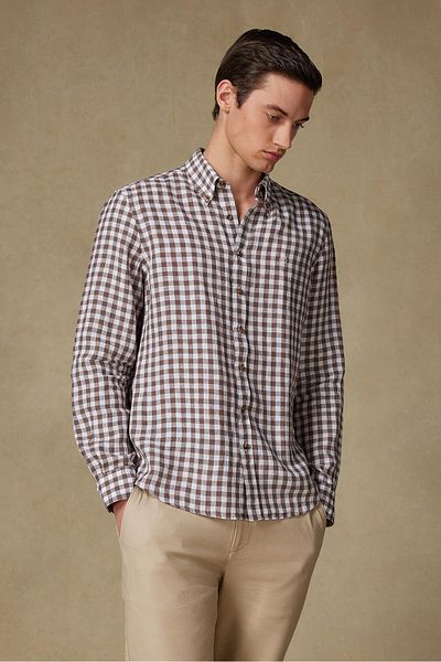 Abbate Sorento Linen Linen Comfort Fit Brown Button Collar Men's Checkered Shirt