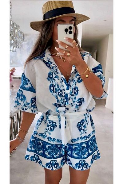 HandCo Linen Mediterranean Patterned Summer Shirt Shorts Set |   Comfortable Summer Combination