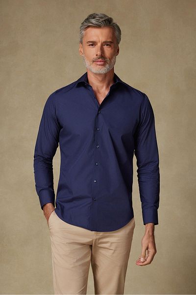 Abbate Bb Club Oscar Poplin Cotton Polyester Slim Fit Navy Blue Classic Collar Men's Solid Shirt