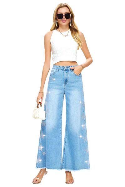 FashionForYou Blugi evazați cu sclipici Spokane, imprimeu grafic cu accente de sclipici, albastru deschis, S
