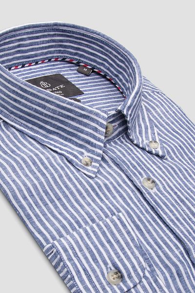 Abbate Sorento Linen Linen Comfort Fit Navy Blue Button Collar Men's Striped Shirt