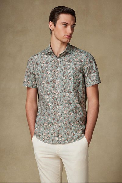 Abbate Vento Poplin Cotton Comfort Fit Green Classic Collar Men's Printed Shirt