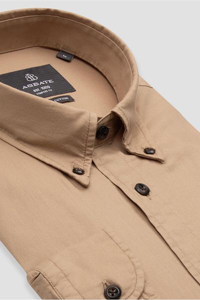 Abbate Mario Poplin Cotton Comfort Fit Beige Button Collar Men's Plain Shirt