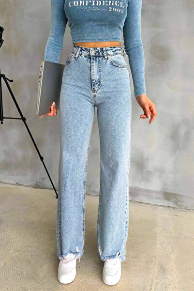 FashionForYou Τζιν Yukatan με φαρδύ μπατζάκι , με τρυπημένο τελείωμα και προπ...