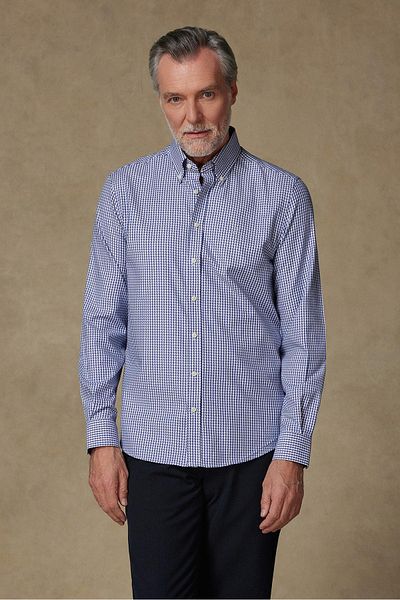 Abbate Matteo Armür Stretch Cotton Blended Comfort Fit Navy Blue Button Collar Men's Patterned Shirt