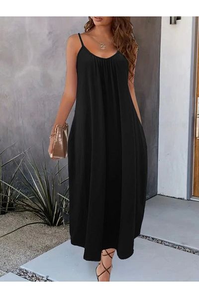 Moderie Butik Women's Rope Strap Wide V-Neck Pocket Viscose Dress