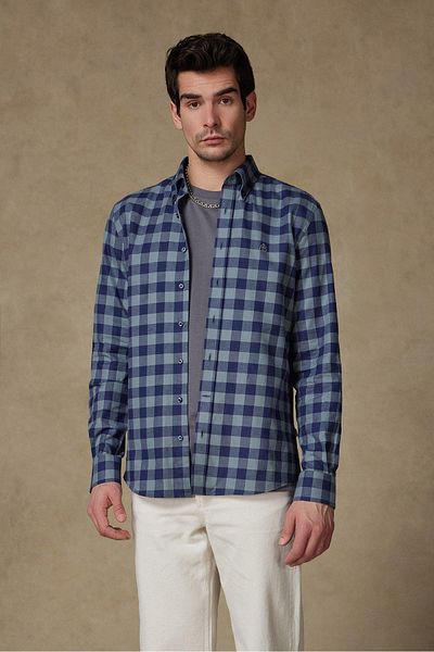 Abbate Luis Twill Cotton Comfort Fit Light Gray Button Collar Men's Plaid Shirt