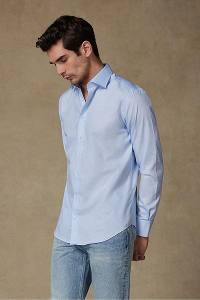 Abbate Donatello Armure Cotton Slim Fit Light Blue Classic Collar Men's Patterned Shirt