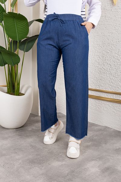 Nevayla Moda Elastic Waist Linen Trousers - Navy Blue / A0104