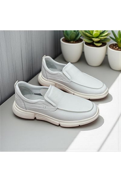 erenimstore Genuine Luxury Leather Orthopedic Strapless White Men's Shoes
