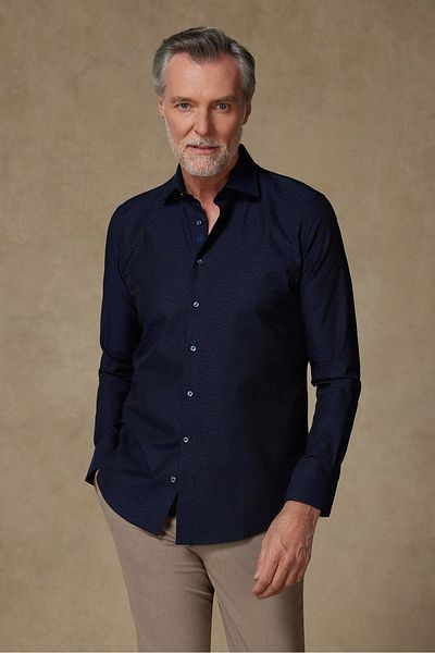 Abbate Donatello Jacquard Cotton Slim Fit Navy Blue Classic Collar Men's Patterned Shirt