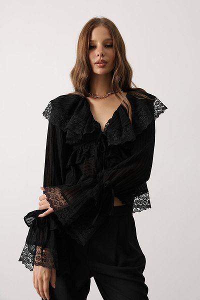 Le Savu Shilsee Women's Lace Ruffle Bohemian Bluz Black