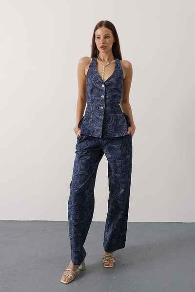 Le Savu Shilsee Shal Patterned Decoletted Denim Suit Dark Blue