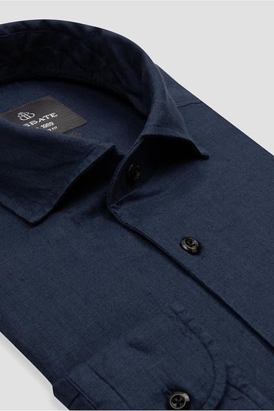 Abbate Bella Linen Linen Comfort Fit Navy Blue Mostra Collar Men's Plain Shirt