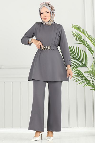ModaMerve Stylish Suit with Belt Chain 2700Sl890-M Anthracite