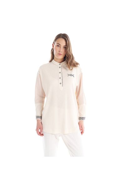 Kayra Fabric Mixed Embroidered Tunic Ecru
