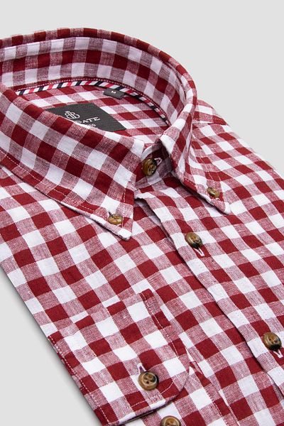 Abbate Sorento Linen Linen Comfort Fit Red Button Collar Men's Checkered Shirt