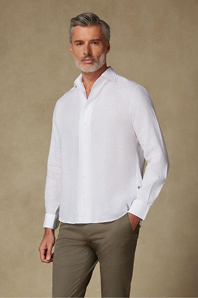 Abbate Bella Linen Linen Comfort Fit White Mostra Collar Men's Plain Shirt