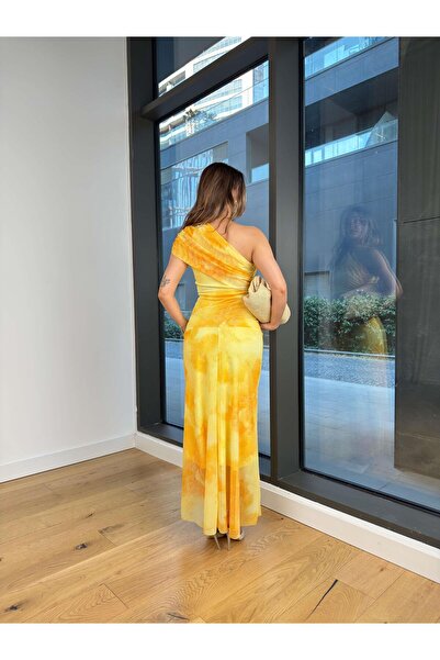 modaçelikler Tek Omuz Drapeli Penken Desenli Sarı Kadın Elbise 25Y496