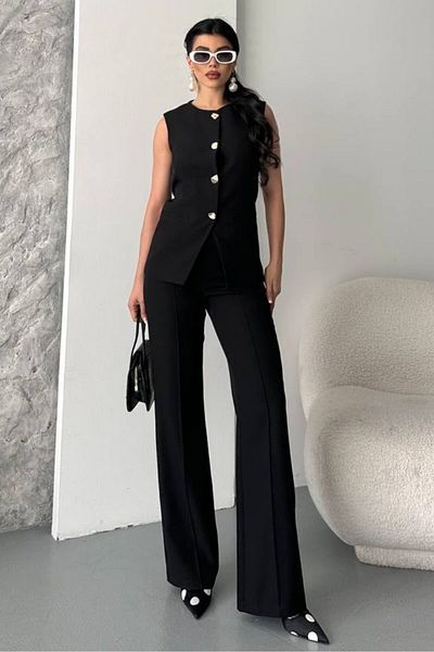 AKD Atelier Women's Double Bottom Top Set Stylish Button Detailed Crew Neck Regular Vest Pants Set