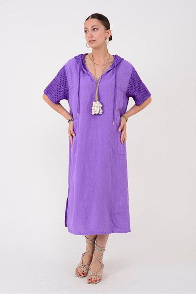 Park Moda 11201 Lova Lattice Hooded Detail Linen Dress