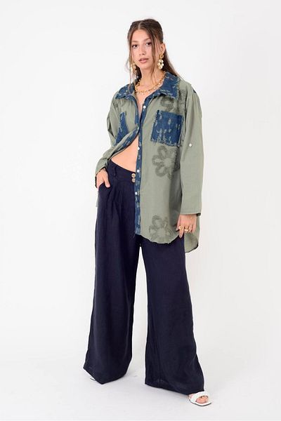 Park Moda 30550 Button Detail Pleated Palazzo Linen Pants