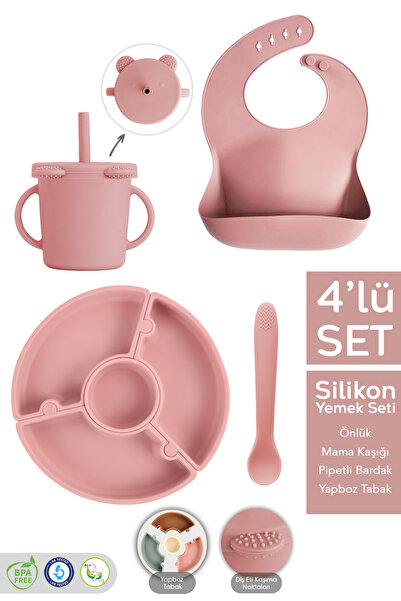 Meleni Baby 4'lü Silikon Beslenme Seti - Yapboz Puzzle Mama Tabağı Önlük Pipe...
