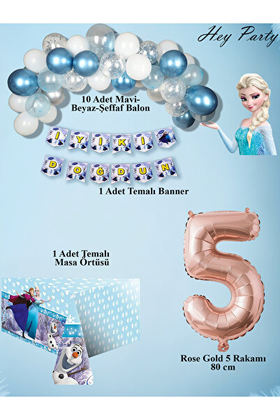 PartyPoo Frozen Elsa Temalı Doğum Günü Parti Seti | 5 Yaş Rose Rakam Balonlu ...