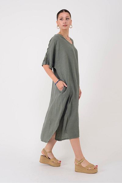 Park Moda 11227 Lova Back Openworked Detailed V-Neck Linen Dress