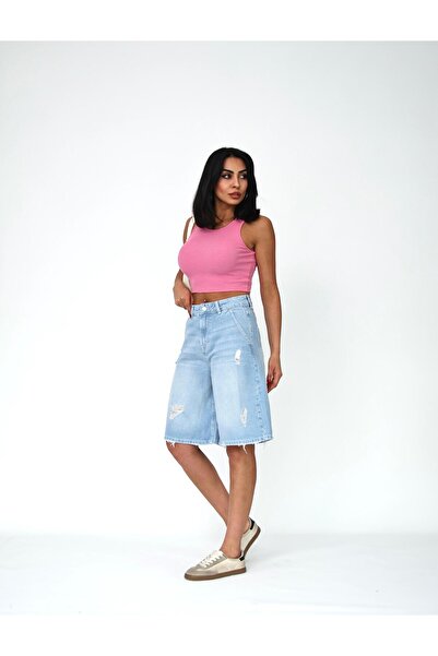 Zeo Basic KADIN BERMUDA BUZ MAVİ YIRTIK DETAYLI KOT ŞORT
