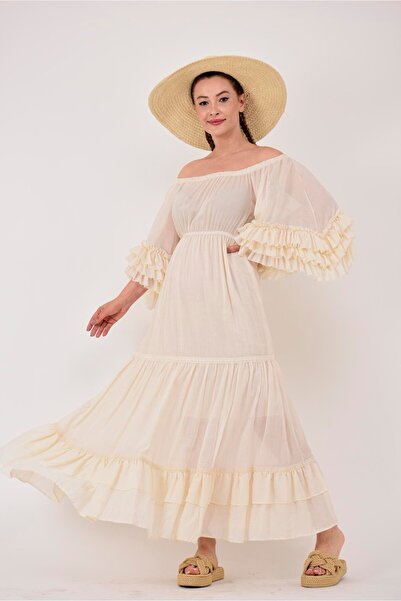 Park Moda An10596 Madonna Collar Raw Bohemia Dress with Firfir Detail