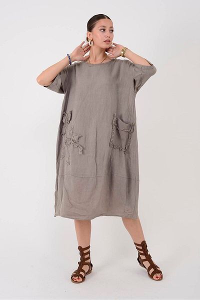 Park Moda 10734 Lova Raised Fringe Detail Single Pocket Linen Dress