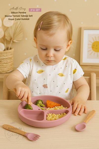 Anadolu Saray Silicone Food Dinnerware Set for Pink Baby Pink Compartment Plate Spoon Fork Set