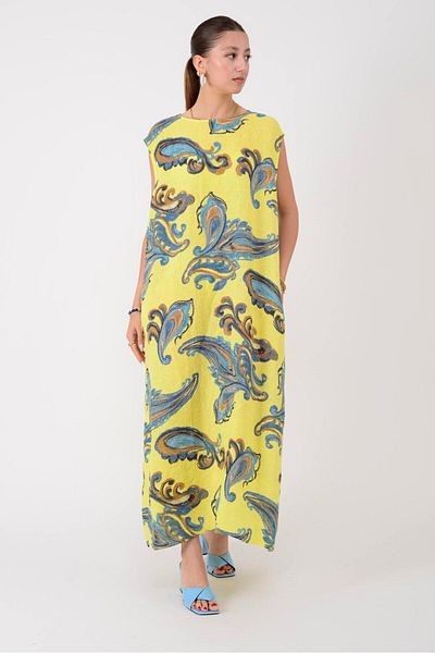 Park Moda 25109 Lova Back Button Detail Shal Pattern Linen Dress