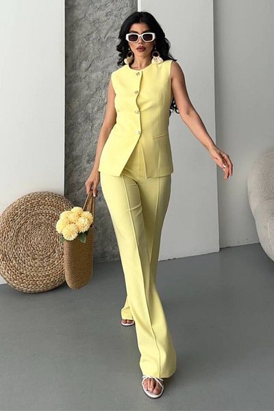AKD Atelier Women's Double Bottom Top Set Stylish Button Detailed Crew Neck Regular Vest Pants Set