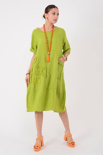 Park Moda 10734 Lova Raised Fringe Detail Single Pocket Linen Dress