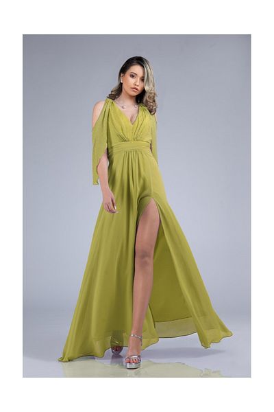 OPHIRA Long Evening Dress in Lime Voile with Rhinestones and Bare Shoulders