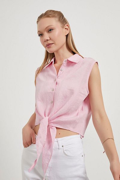 Modasultan Front Tie Line Textured Sleeveless Viscose Fabric Women's Shirt
