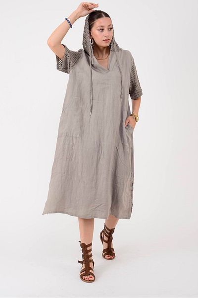 Park Moda 11201 Lova Lattice Hooded Detail Linen Dress