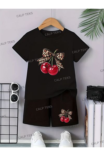CALP TEKS Cherry Ribbon Printed Shorts-T-Shirt Summer Set