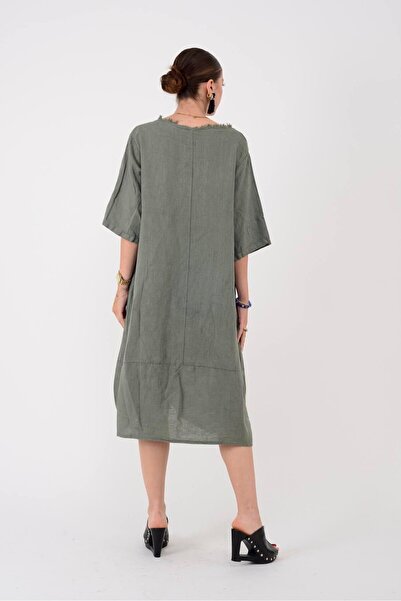 Park Moda 10734 LOVA KABARTMALI SAÇAK DETAYLI TEK CEP KETEN ELBİSE