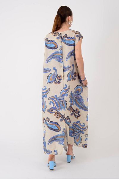 Park Moda 25109 Lova Back Button Detail Shal Pattern Linen Dress