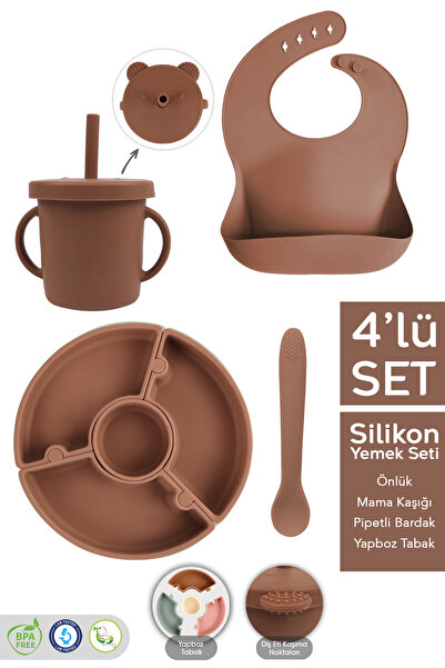 Meleni Baby 4'lü Silikon Beslenme Seti - Yapboz Puzzle Mama Tabağı Önlük Pipetli Bardak Diş Kaşıyıcı Kaşık Kahve