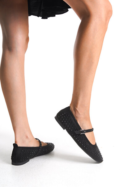 Solo Bag Women's Black Stone-Displayed Daily Stylish Black Ballerina Shoes with a Barrel