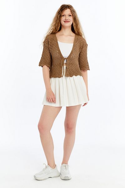 MA ananas Women's Openwork Rope Tie Short Sleeve Cardigan