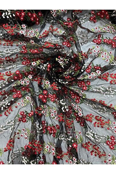 Butik Çiçek Nakışlı Siyah Tül Kumaş – Kırmızı & Beyaz Desenli | En 150 cm