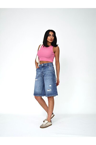 Zeo Basic KADIN BERMUDA KOYU MAVİ YIRTIK DETAYLI KOT ŞORT