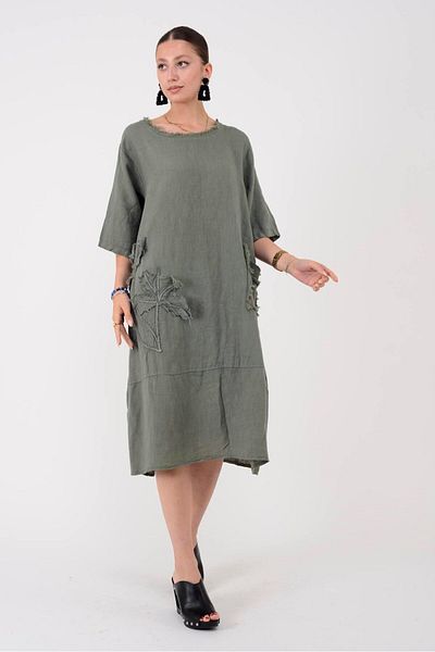 Park Moda 10734 Lova Raised Fringe Detail Single Pocket Linen Dress