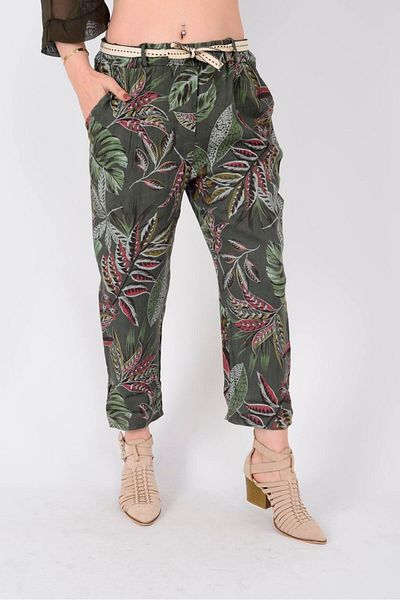 Park Moda 7232 Spring Leaf Pattern Belt Detail Linen Carrot Pants